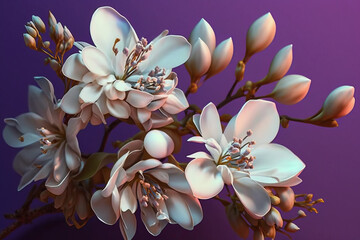 White peach tree flowers scattered over a pink background, levitation, spring flowers conception, generated ai