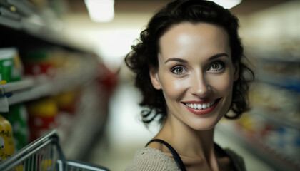 Smiling young caucasian woman at supermarket. Generative AI illustration.