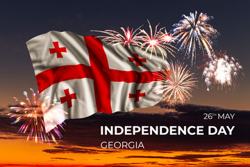 Sky with majestic fireworks and flag of Georgia