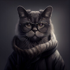chic cat charisma wearing coat, wearing sunglasses, funny, fashion, pic as wallpaper, poster, t shirt and others