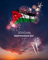 Majestic fireworks and flag of  on National holiday Jordan