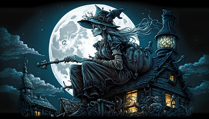 Gothic witch with a broom sitting on a roof holding, generative ai