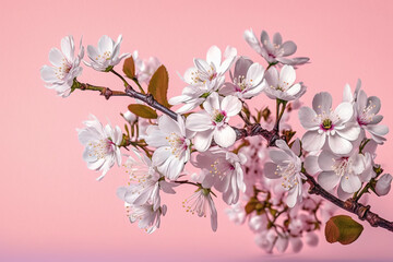 Fototapeta na wymiar White cherry tree flowers scattered over a pink background, levitation, spring flowers conception, generated ai