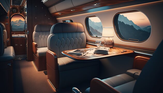 Private plane luxurious Interior with leather seats