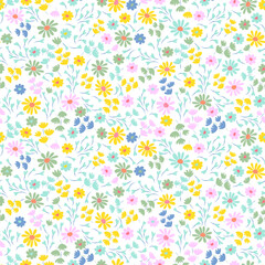 Floral pattern with small colorful cute flowers on a white background. Vintage pastel color pretty yellow, pink, blue tiny flowers. Ditsy print design - 572257461