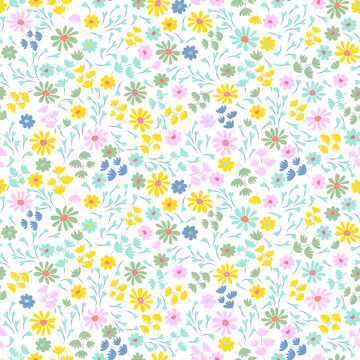 Floral pattern with small colorful cute flowers on a white background. Vintage pastel color pretty yellow, pink, blue tiny flowers. Ditsy print design