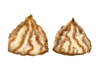 Hand drawn watercolor coconut cookies macarons with copra for Passover holiday, kosher for Pesach seder on a white