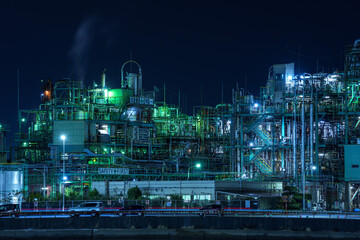 The petrochemical complex at Yokkaichi Port, Yokkaichi city, Mie prefecture, Japan at night.