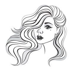 Beautiful girl with long and curly hair. Portrait of pretty young woman in profile view with long beautiful hair. Vector illustration