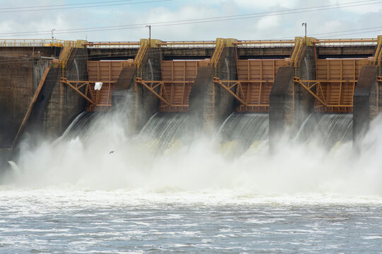 Close up of Barra Bonita dam with open hydroelectric plant gates