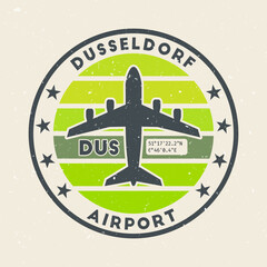 Dusseldorf airport insignia. Round badge with vintage stripes, airplane shape, airport IATA code and GPS coordinates. Creative vector illustration.