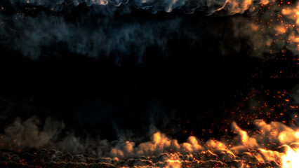 Square screen frame of blazing smoke with fire and sparks - abstract 3D rendering