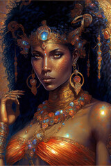 Beautiful nubian goddess dressed in carnival glass. Gorgeous woman portrait.Realistic AI art photography. Generative AI