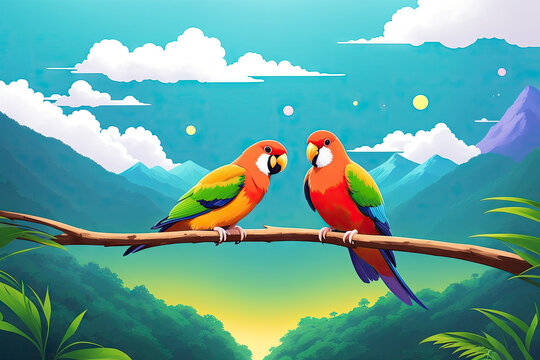 Original oil painting on canvas of two parrot lovebirds is sitting on branch close each other. Generative AI