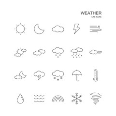 Set of weather vector line icon on white background.