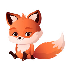A cute little fox is sitting. Vector illustration with gradients isolated on white background. Kawaii character design for kids products.