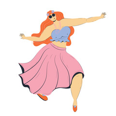 Groovy Young hippie woman in skirt and top dancing fervently abstract modern graphic