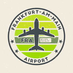 Frankfurt-am-Main airport insignia. Round badge with vintage stripes, airplane shape, airport IATA code and GPS coordinates. Radiant vector illustration.