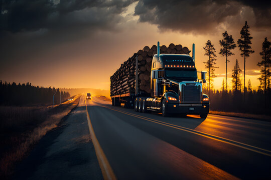 Semi truck with a trailer surrounded by forest and logs drives along the highway during sunset. Generative AI