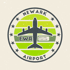 Newark airport insignia. Round badge with vintage stripes, airplane shape, airport IATA code and GPS coordinates. Modern vector illustration.