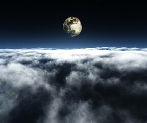 Moon above the clouds, clouds panorama at night, flying above the clouds in the rays of the moon, 3d rendering