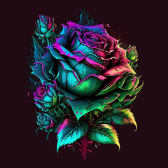 neon t-shirt print with abstract rose design, Generative Ai