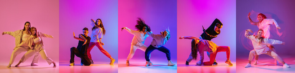 Collage of energetic young hip-hop dancers in motion over multicolored background in neon light. Street style. Concept of music, dance, motion, action, rhytm, youth.