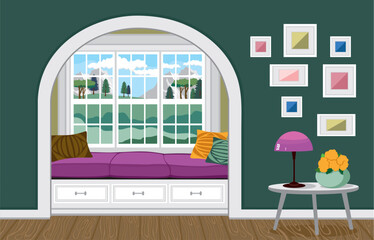 Sofa by the window with a view of the mountains. Modern interior in scandinavian style with bright accents. A tea table with flowers and a lamp. Vector illustration of a living room with large windows
