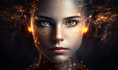 A close up of humanoid cyber girl with a neural network thinks. Gold robot woman or humanoid cyber girl. Artificial intelligence with a digital brain is learning to process big data. Generative Ai - obrazy, fototapety, plakaty