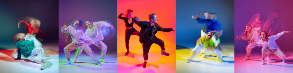 Fototapeta na wymiar Collage of energetic young hip-hop dancers in motion over multicolored background in neon light. Street style. Concept of music, dance, motion, action, rhytm, youth.