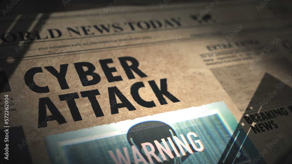 Aufkleber articles about internet security and cyber crime in old newspaper; firewall, virus,hacker attacks