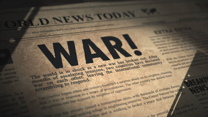 Various war headlines of an old vintage newspaper in editorial archive, global conflict concept - obrazy, fototapety, plakaty