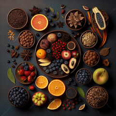 natural Organic Healthy food on gray background. Superfoods, various fruits and assorted berries, seeds,