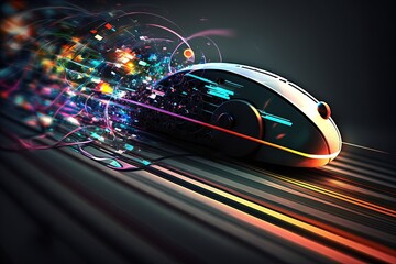 Obraz na płótnie Canvas mouse and keyboard on high speed blurred motion creative light trails Generative AI