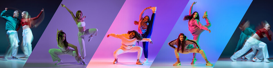 Collage of energetic young hip-hop dancers in motion over multicolored background in neon light....