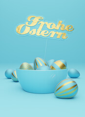 Many blue Easter eggs with golden sign and German words Happy Easter