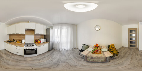 full seamless spherical hdri 360 panorama view in interior of white kitchen in modern flat...