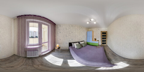 seamless 360 panorama in interior of bedroom of cheap hotel,  flat or apartments with chairs and...