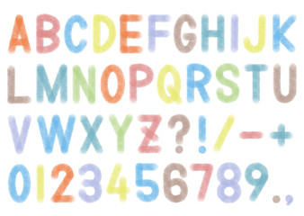 鉛筆のようなテクスチャを持つ手書きのアルファベットと数字のカラフルなフォント