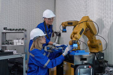 Female senior robotic engineer in modern factory teach new comer operate and maintenance robot arm