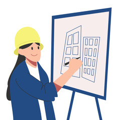 female architect, engineer drawing construction design sketches. wearing a hard hat. flat vector graphic design.
