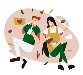 happy barista and customer having a chat. female barista making coffee, customer enjoying coffee. fly. concept of feel free, relax. with coffee, love, leaf, cloud icons. flat vector illustration.
