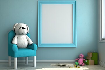 Blank frame on a wall of a childrens room. Mock up template for Design or product placement created using generative AI tools