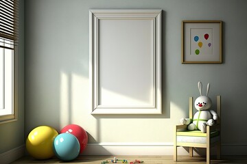 Blank frame on a wall of a childrens room. Mock up template for Design or product placement created using generative AI tools