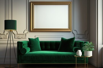 emtpy frame on a Wall in a stylish living room with a green couch. Mock up template for Design or product placement created using generative AI tools