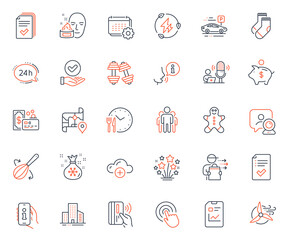 Business icons set. Included icon as Map, Video conference and Click web elements. Car parking, 24h service, Piggy bank icons. Handout, Food time, Approved checkbox web signs. Calendar. Vector