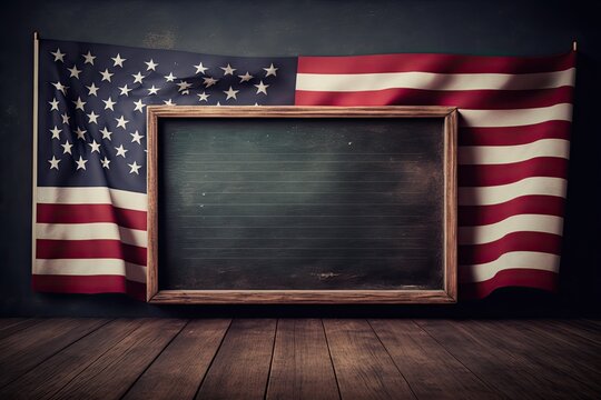 Blank school board in front of the american flag. Mock up template for Design or product placement created using generative AI tools