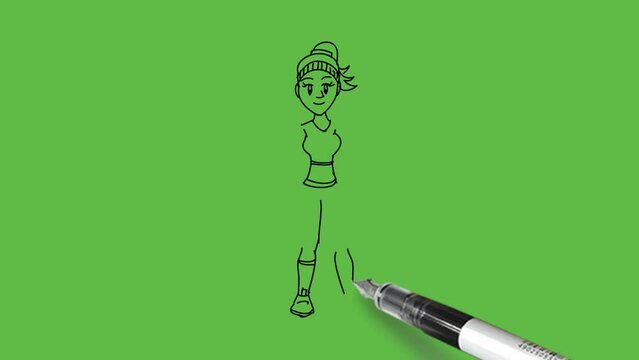 Draw little character girl standing hold both arms horizontal straight with fists wearing tight top, short pant and footwear with black outline on abstract green screen background
