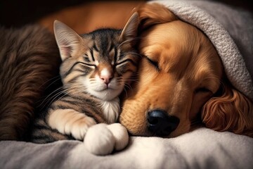 Fototapeta na wymiar dog and cat sleeping together kitten and puppy illustration generative ai