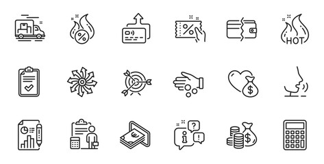Outline set of Donation, Accounting and Checklist line icons for web application. Talk, information, delivery truck outline icon. Include Calculator, Report document, Target icons. Vector